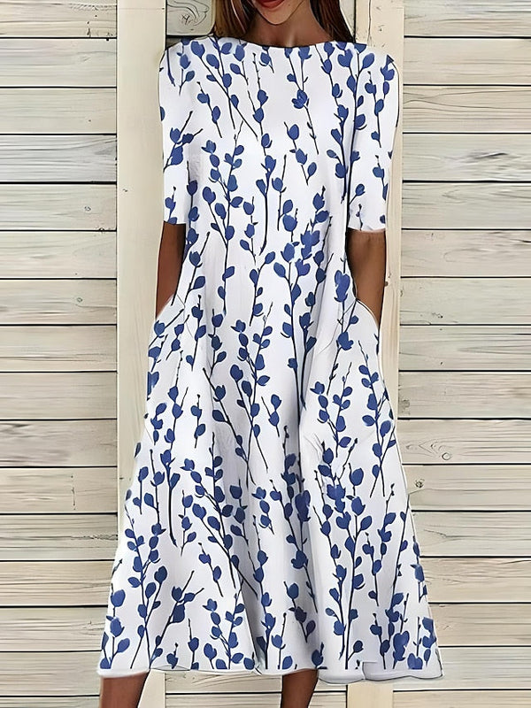 Céleste | Midi Spring Dress with Coastal Flowers and Round Neck